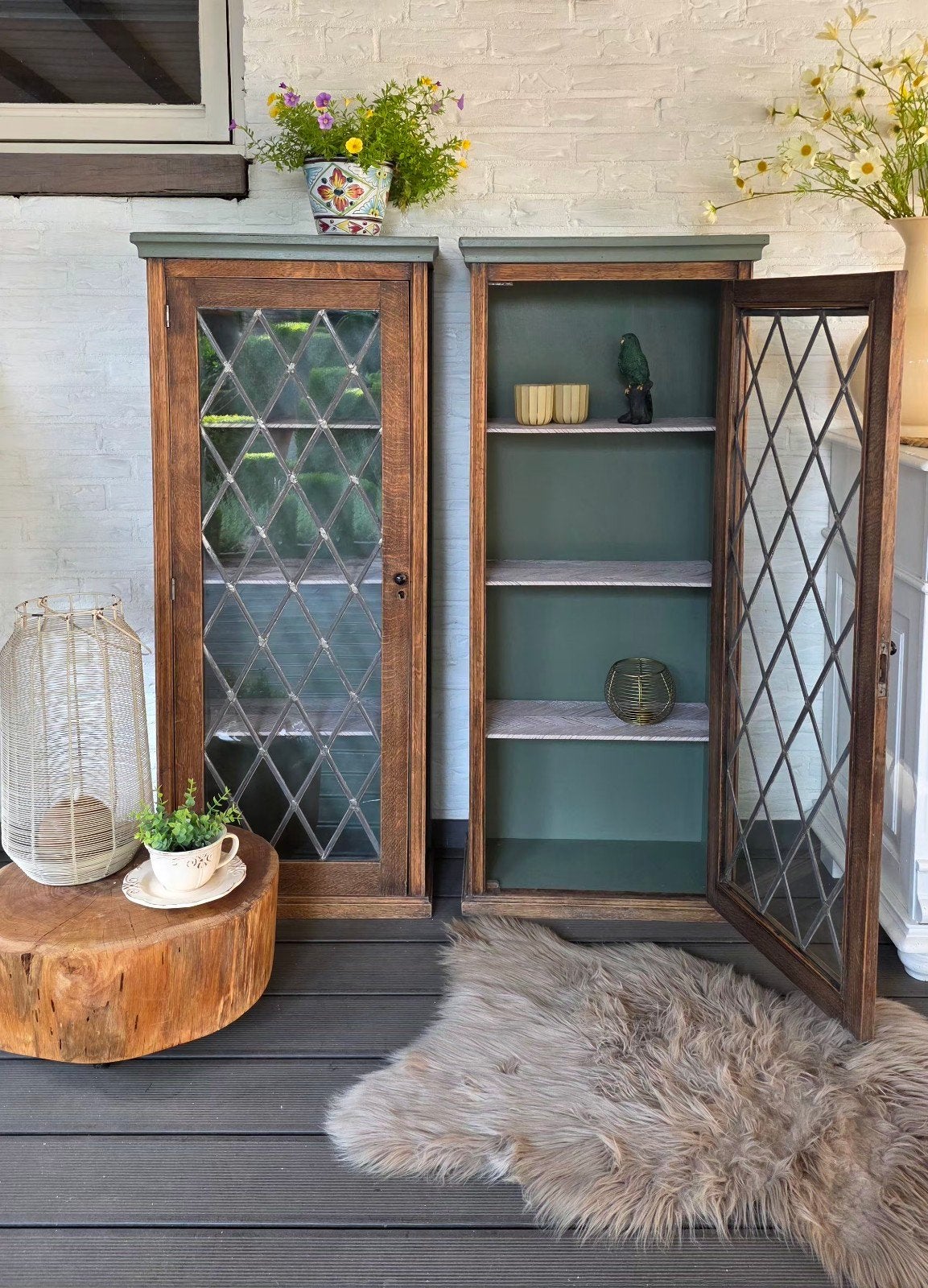 Set brocante vintage kastjes met glas in lood deurtjes, Ophalen, 50 tot 100 cm, Glas, 25 tot 50 cm