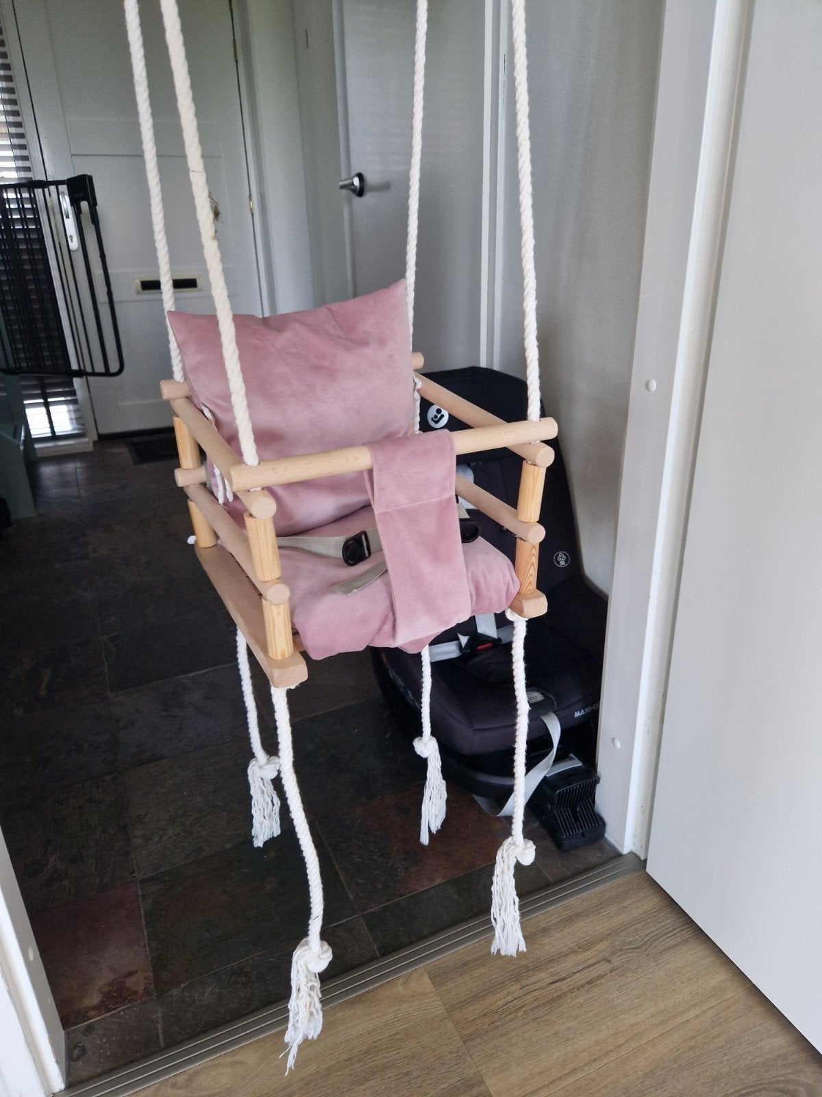 Babyschommel Babyzitje - Stof Hout - Binnen - Roze, Ophalen of Verzenden, Zo goed als nieuw