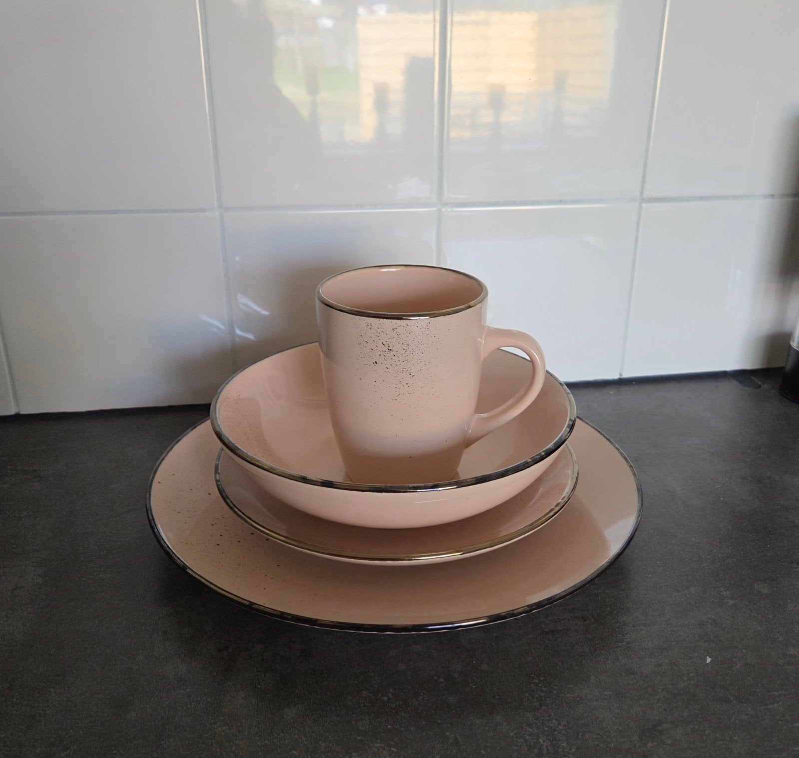 Serviesset 6 personen - Roze met gouden rand, Antiek en Kunst, Antiek | Servies compleet, Ophalen
