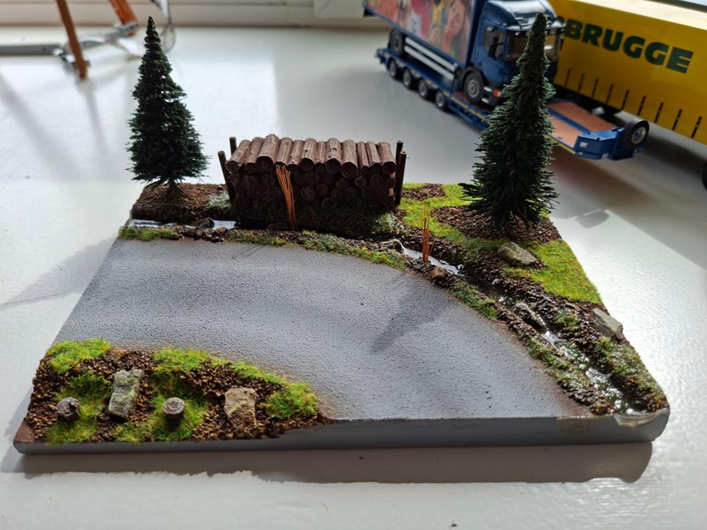 Diorama met weg, bos en houtstapel - Schaalmodel, Ophalen of Verzenden