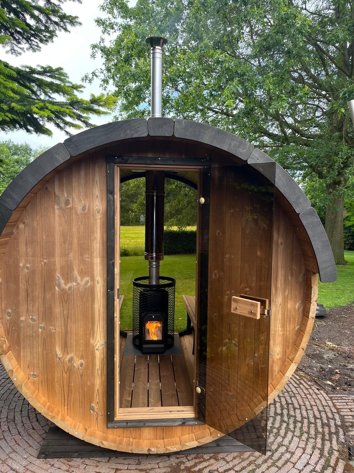 Thermohout barrelsauna gebogen banken, evt. panorama wanden, Ophalen, Fins of Traditioneel, Kostedeweg 7 Vorden, Nieuw