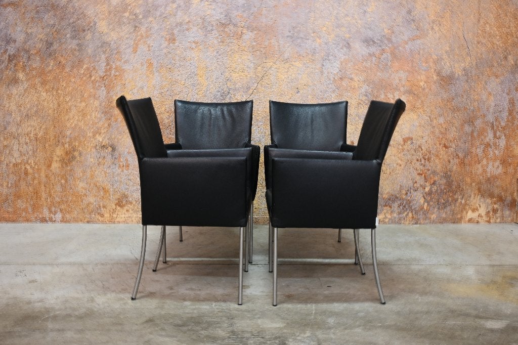 4 zwarte leren Bert Plantagie Arc design eetkamerstoelen, Huis en Inrichting, Stoelen, Zwart, Bert plantagie, Ophalen of Verzenden
