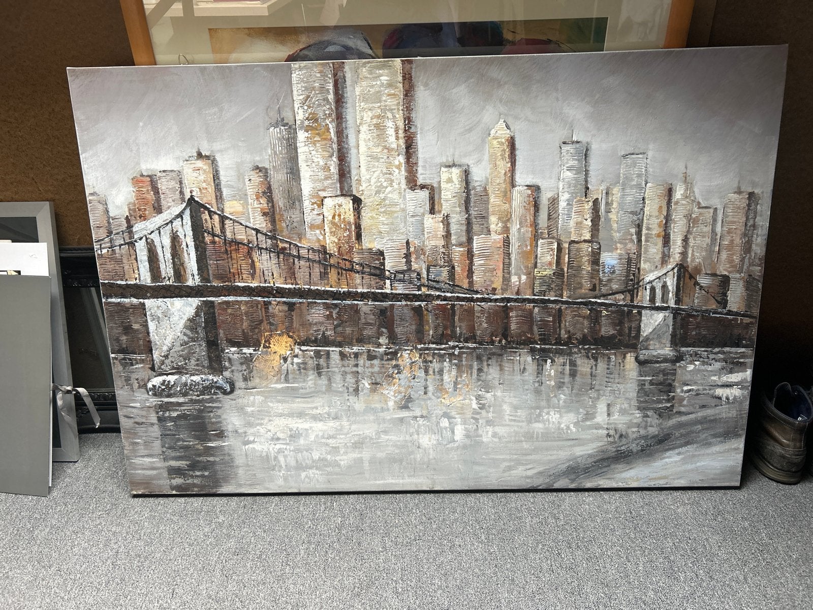 Schilderij New York met Brooklyn Bridge en Twin Towers., Ophalen of Verzenden, Zo goed als nieuw, Schilderij, 100 tot 125 cm