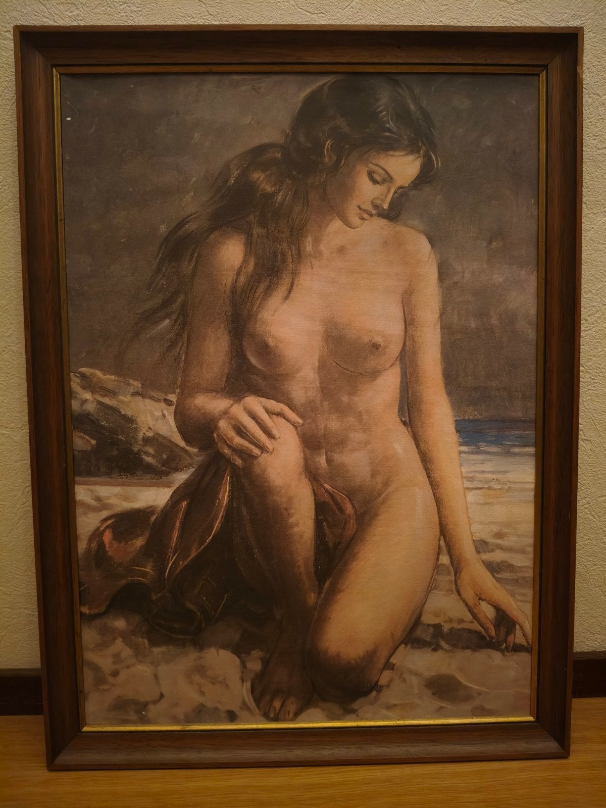 Kunst: canvas vrouw aan zee, incl. houten lijst, Antiek en Kunst, Ophalen