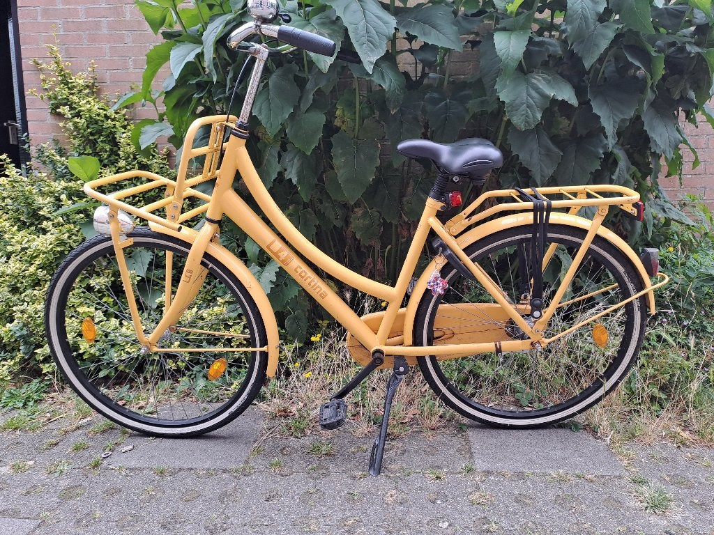 Cortina Transport meisjesfiets geel, Terugtraprem, Gebruikt, Cortina U4 transportfiets, Versnellingen
