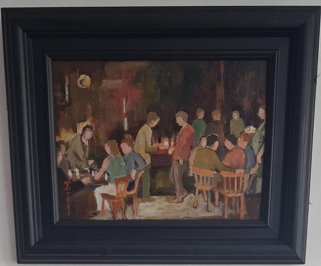 Café scène stamkroeg. Sign. Olie/paneel. 33/27cm.* Zie tekst, Ophalen