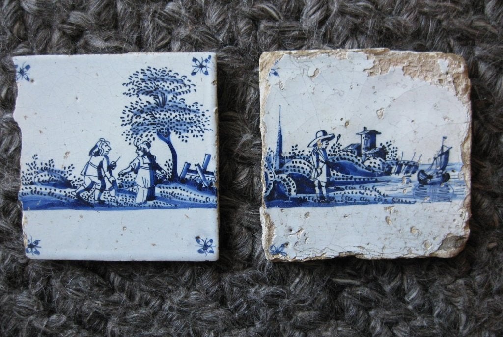 2 sier tegels antiek - landschap herder - beurtvaart haven, Ophalen of Verzenden