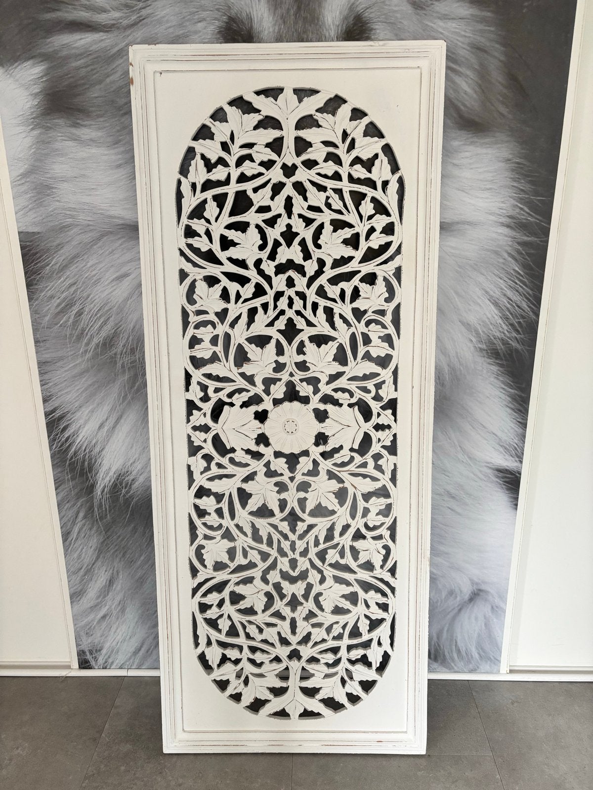 Decoratief wandpaneel, wit houtsnijwerk, 60x150 cm, Ophalen, Gebruikt, Oosters, Hout