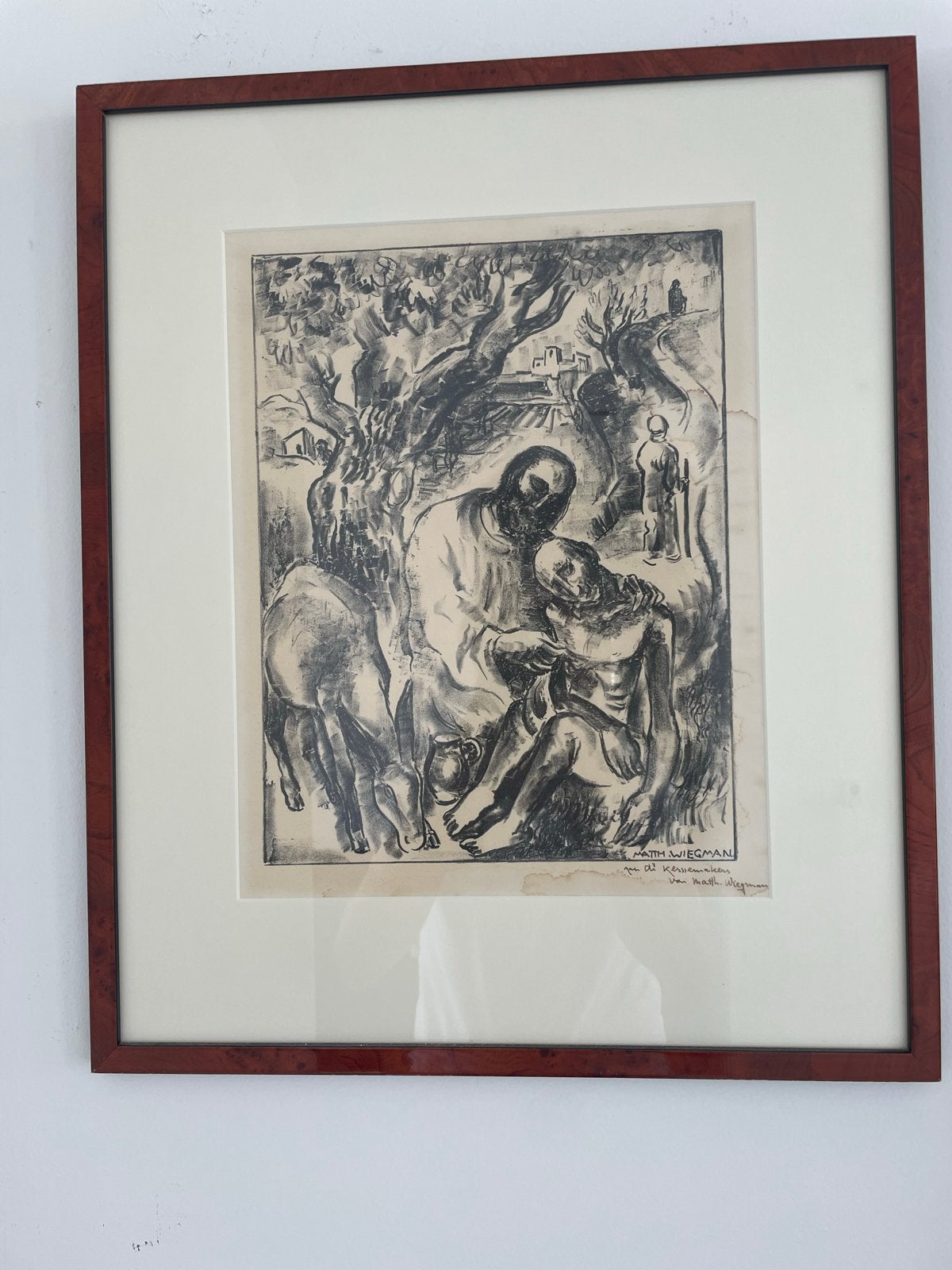 Vintage Lithografie Matth. Wiegman - Barmhartige Samaritaan, Antiek en Kunst, Ingelijst, Ophalen of Verzenden, Overige onderwerpen