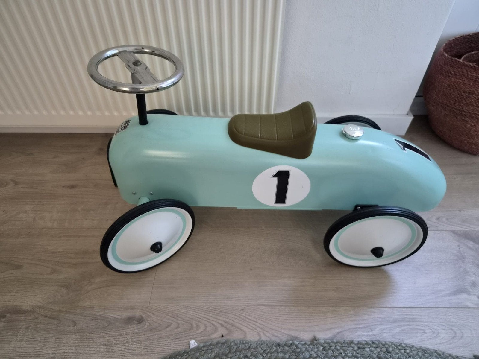 Retro loopauto blauw met nummer 1, Kinderen en Baby's, Ophalen of Verzenden