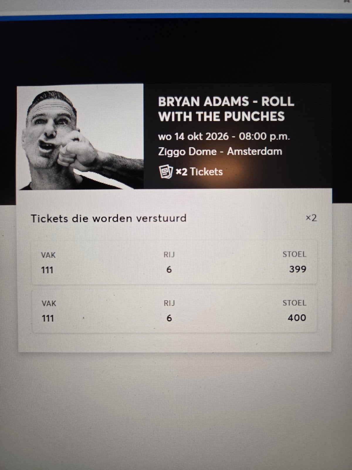 2 tickets voor Bryan Adams op woensdag 14 oktober 2026 in zi, Tickets en Kaartjes, Twee personen, Oktober