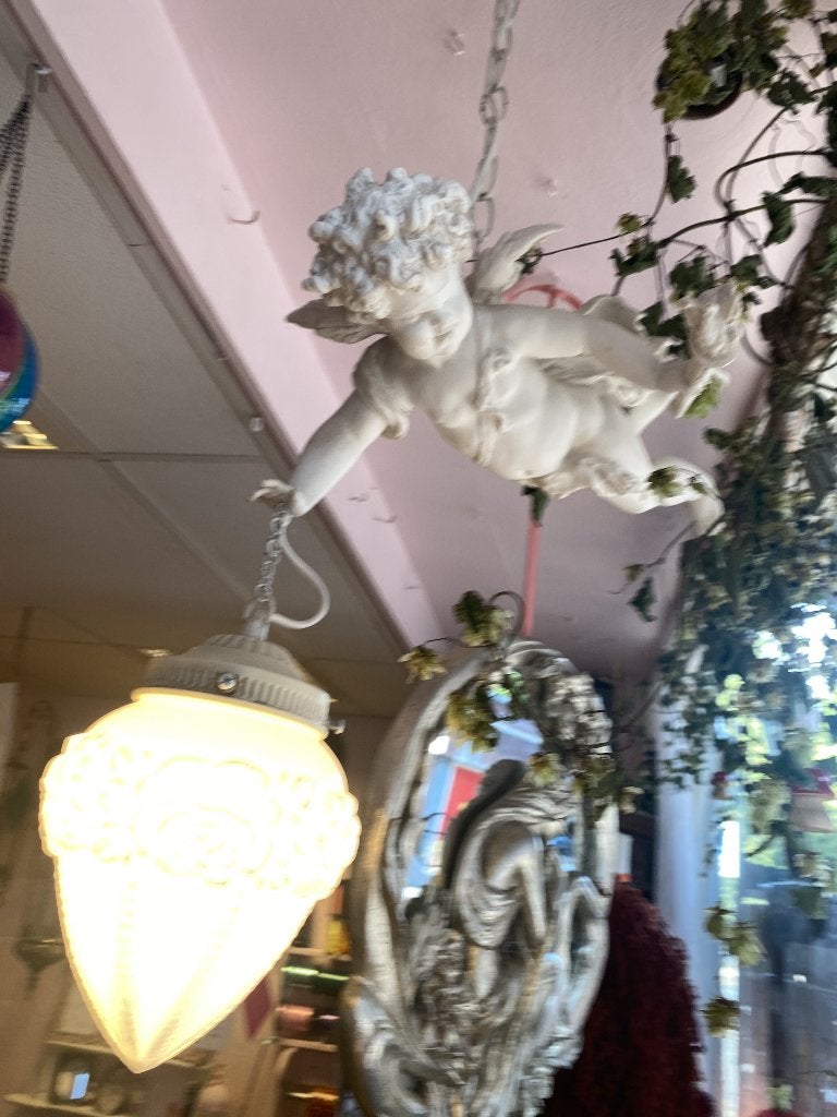 Antieke hanglamp met Cherubijn en Rozen motief, Hanglamp, Antiek, Ophalen of Verzenden, Zo goed als nieuw