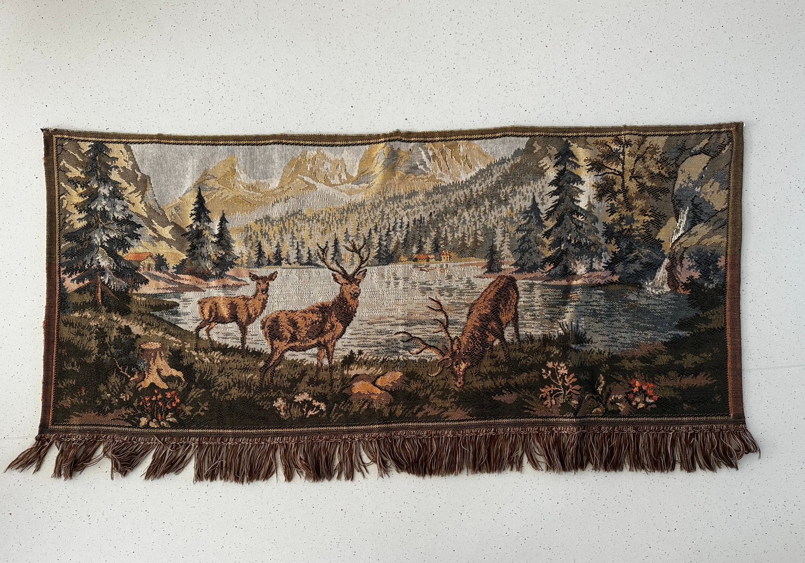 Vintage gobelin Wandkleed met herten en bergen, Gebruikt, 160 cm, Vintage, Wandkleed