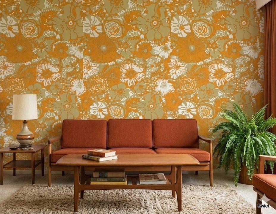 13928 Groovy 70s vintage oranje  zand bloemen behang swiet, Verzenden, Oranje