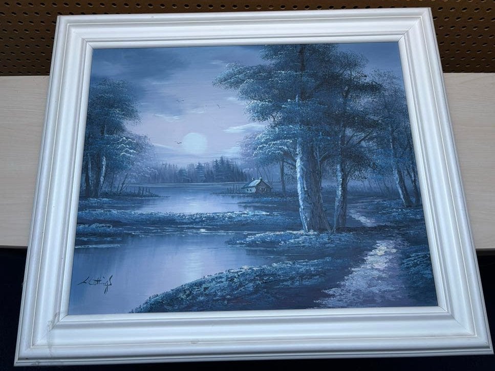 Schilderij: Mysterieus Nachtlandschap met Volle Maan, Doek, Realistisch, Ophalen of Verzenden, Gesigneerd