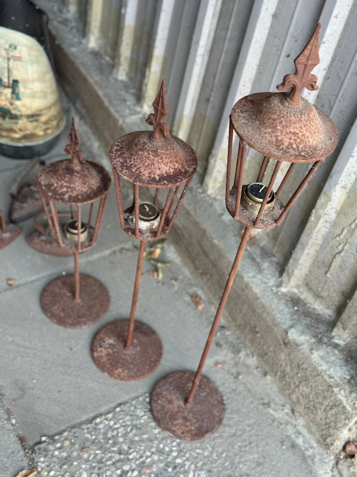 Set van 3 roestige theelichthouders voor sfeervolle verlicht, Antiek en Kunst, Curiosa en Brocante, Ophalen
