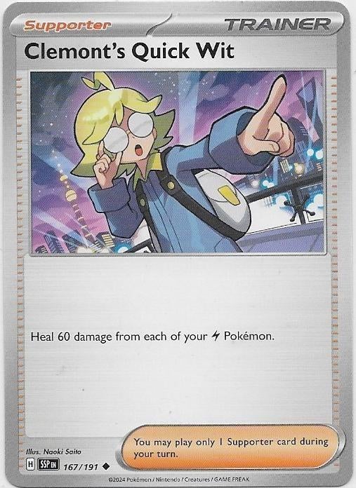 Surging Sparks,  Clemont's Quick Wit [uncommon] 167/191, Hobby en Vrije tijd, Verzamelkaartspellen | Pokémon, Nieuw, Losse kaart
