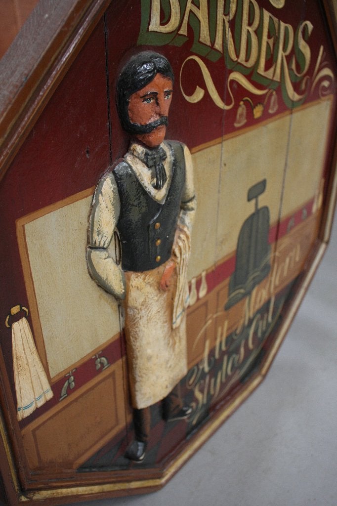 Uniek oud houten bord BARBER kapper vintage wandbord reclame, Gebruikt, Hout, Wandbord of Wandpaneel, 61 cm