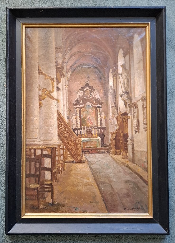 schilderij kerkinterieur gesigneerd, Doek, Impressionistisch, Ophalen of Verzenden, Olieverf