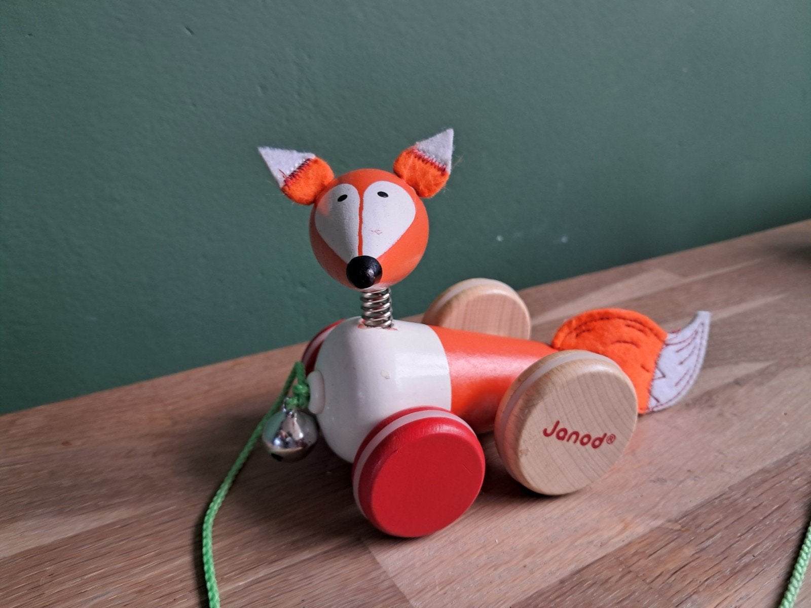 De Groene Merel houten trekfiguur vos oranje Janod, Ophalen of Verzenden