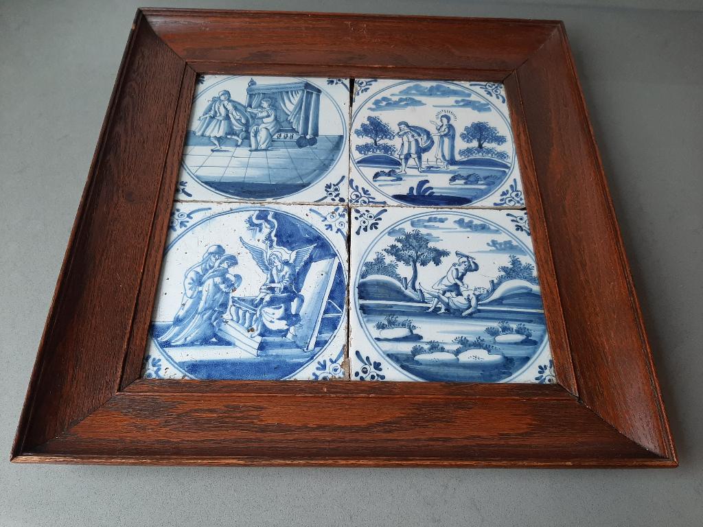 Oude lijst met 4 antieke tegels, Antiek en Kunst, Ophalen of Verzenden