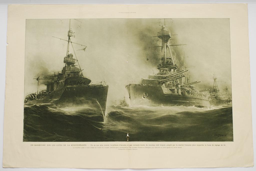 Squadron torpedoboot en slagschip - Antieke illustratie, Verzenden, Voor 1940, Zo goed als nieuw, Overige onderwerpen
