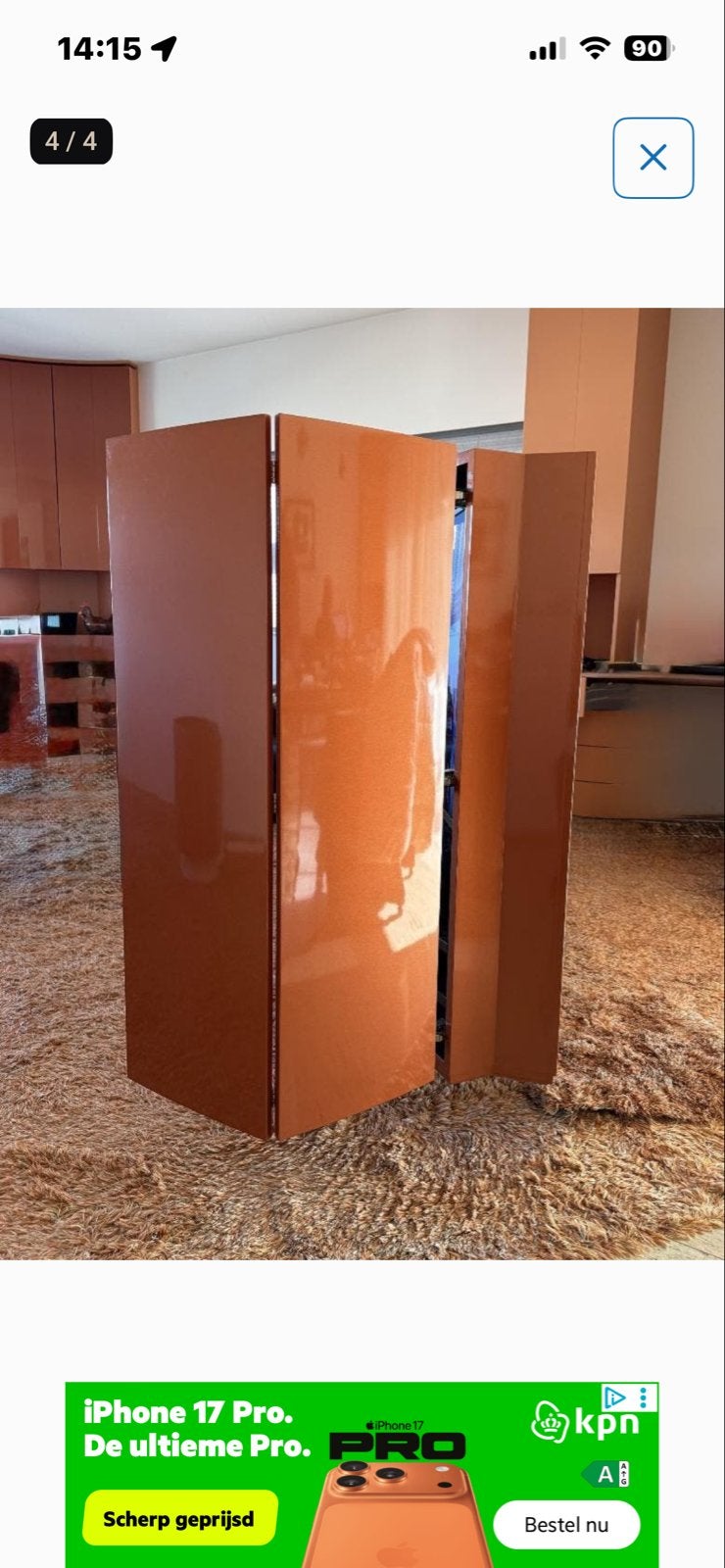 Uniek hoogglans oranje/koper tv-meubel met draaivoet, Overige materialen, Gebruikt, 100 tot 150 cm, Ophalen of Verzenden