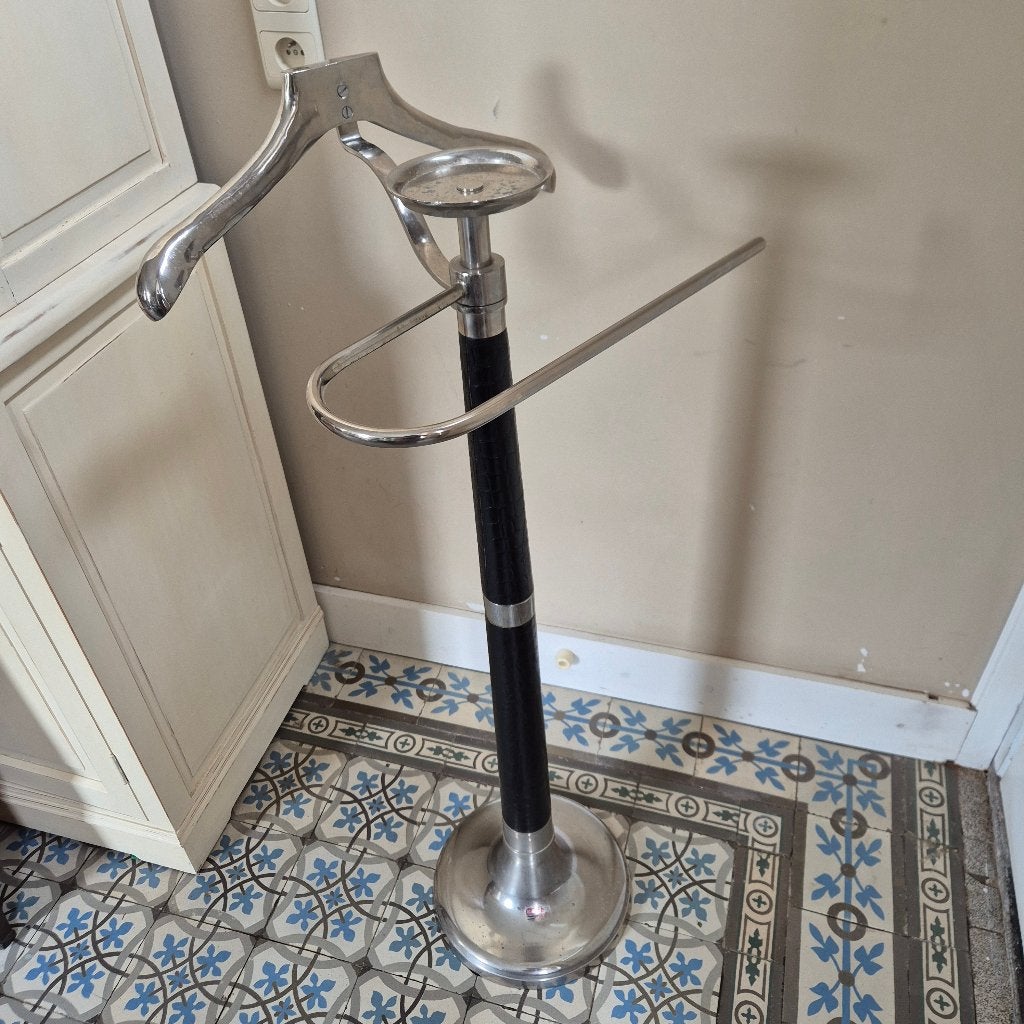 Supergave vintage dressboy chroom zwart leer, zware voet, Ophalen, Metaal, Overige typen, 100 tot 150 cm