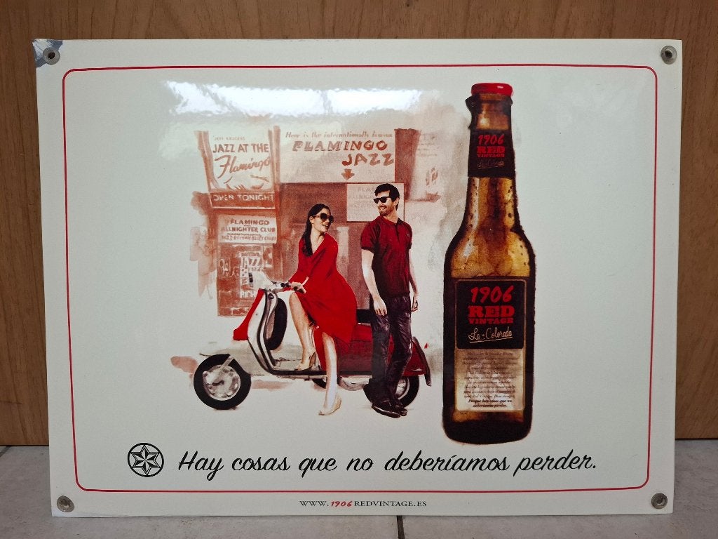 Zeldzaam emaillebord Spaans bier 1906 red Vintage, Verzamelen, Ophalen of Verzenden, Zo goed als nieuw, Reclamebord, Plaat of Schild