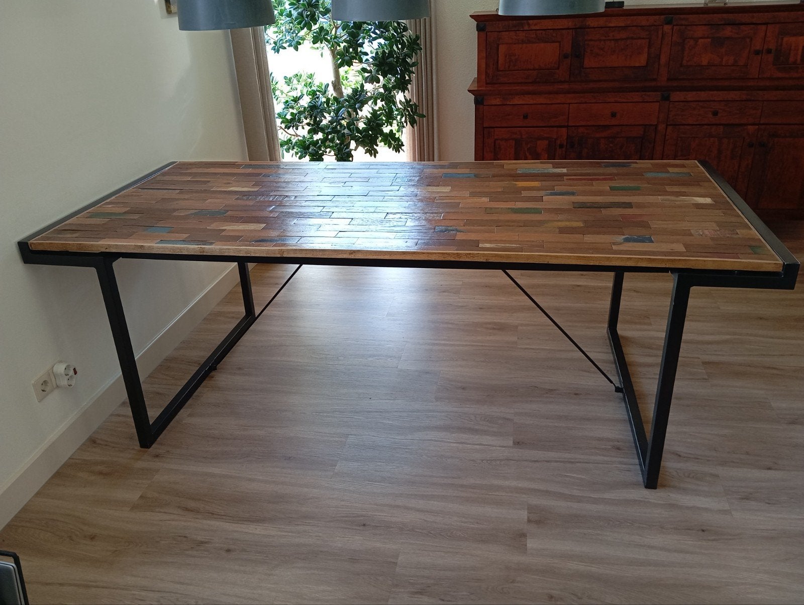 Unieke eettafel 222 x 100 x 77 cm., Huis en Inrichting, Tafels | Eettafels, 200 cm of meer, 50 tot 100 cm, Rechthoekig, Ophalen