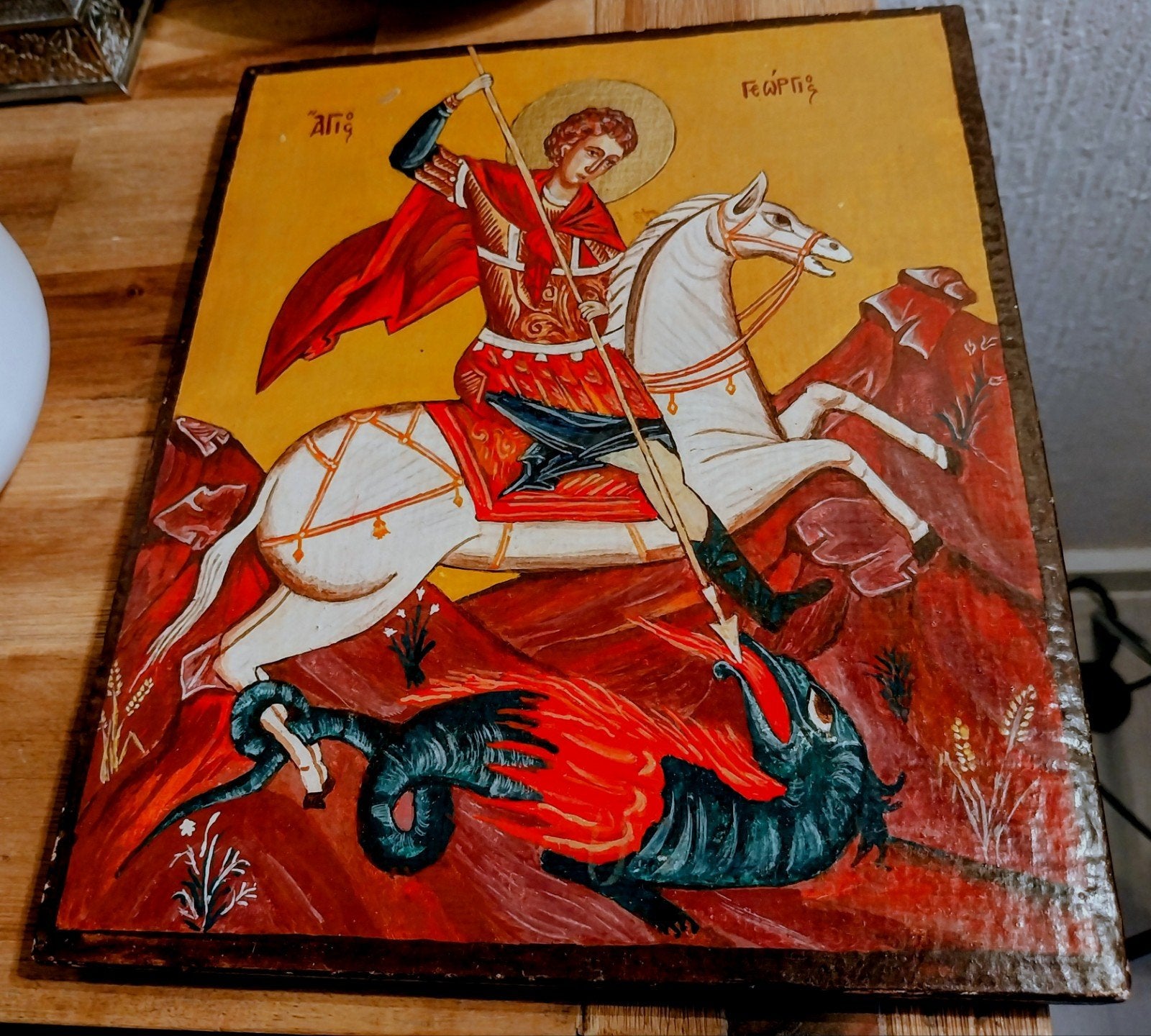 Handgemaakte Byzantijnse icoon van Sint Joris en de draak, Ophalen of Verzenden