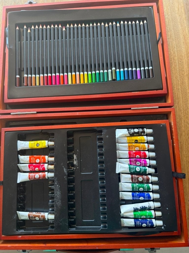 Luxe houten schilderkoffer met schildersmaterialen, Ophalen of Verzenden, Gebruikt, Ezel