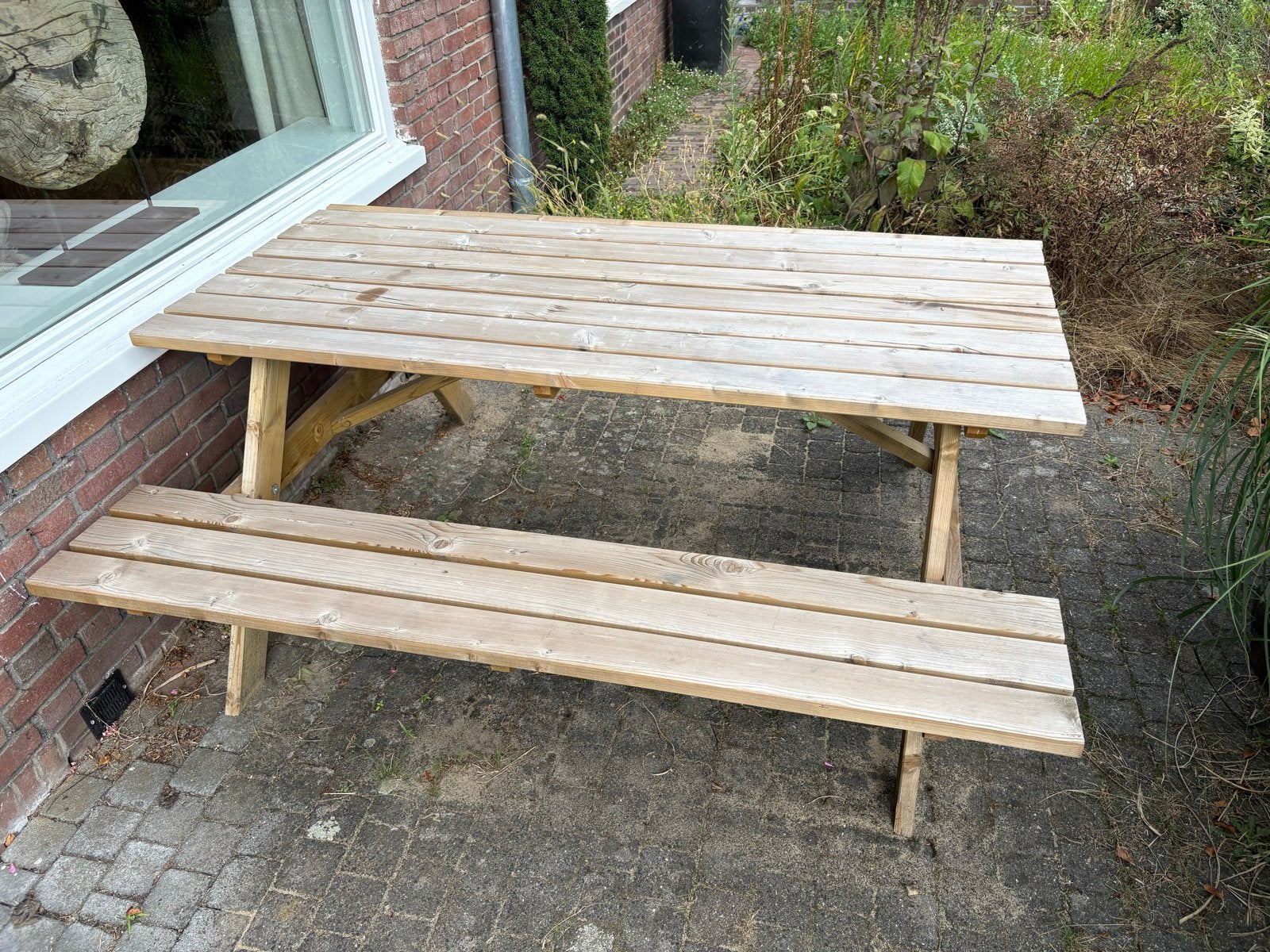 Picknicktafel met inklapbare bankjes - 180x77 cm, Ophalen, Zo goed als nieuw, Inklapbaar, Rechthoekig