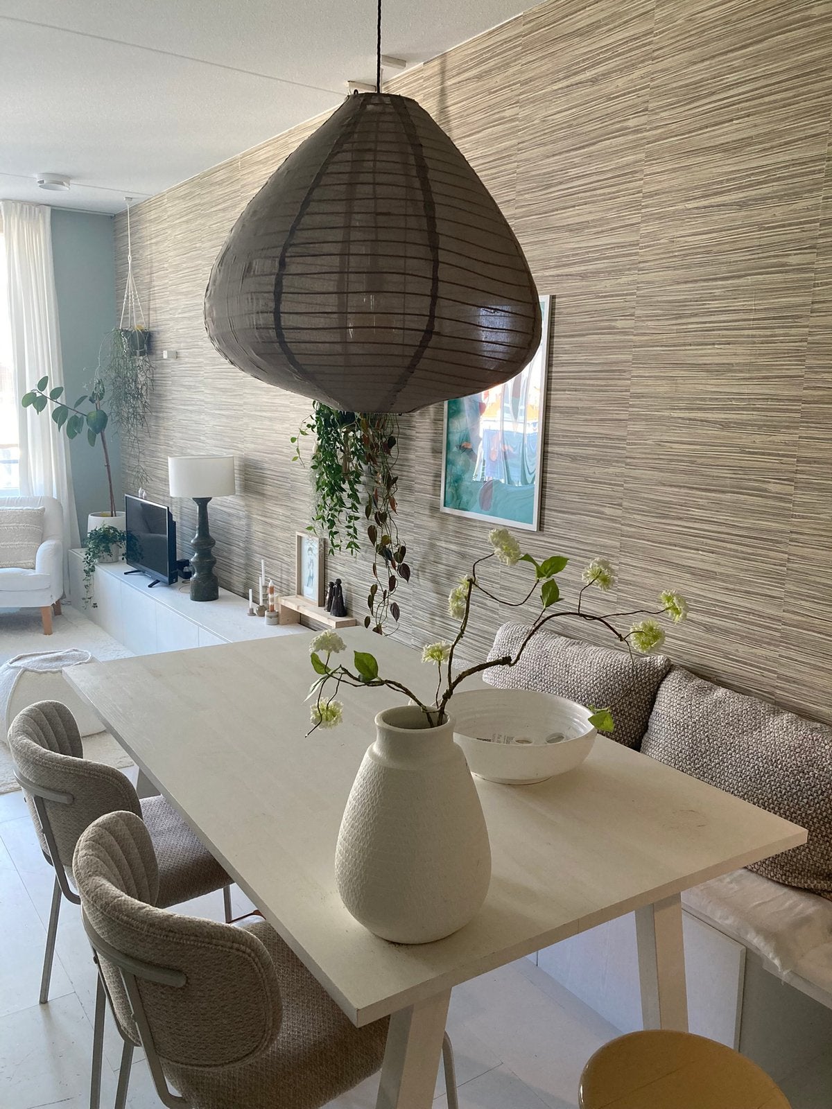Linnen hanglamp, Gebruikt, Natuurlijk materiaal, Japandi boho landelijk, E27 (groot)