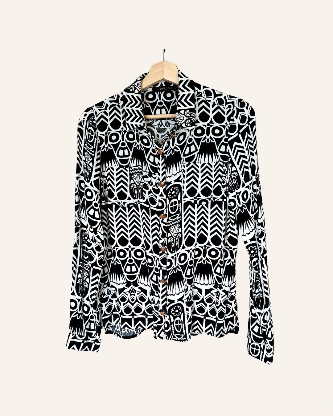 SuperTrash grafische blouse zwart wit met gouden knopen 36, Ophalen of Verzenden, Zo goed als nieuw, Maat 36 (S), Zwart