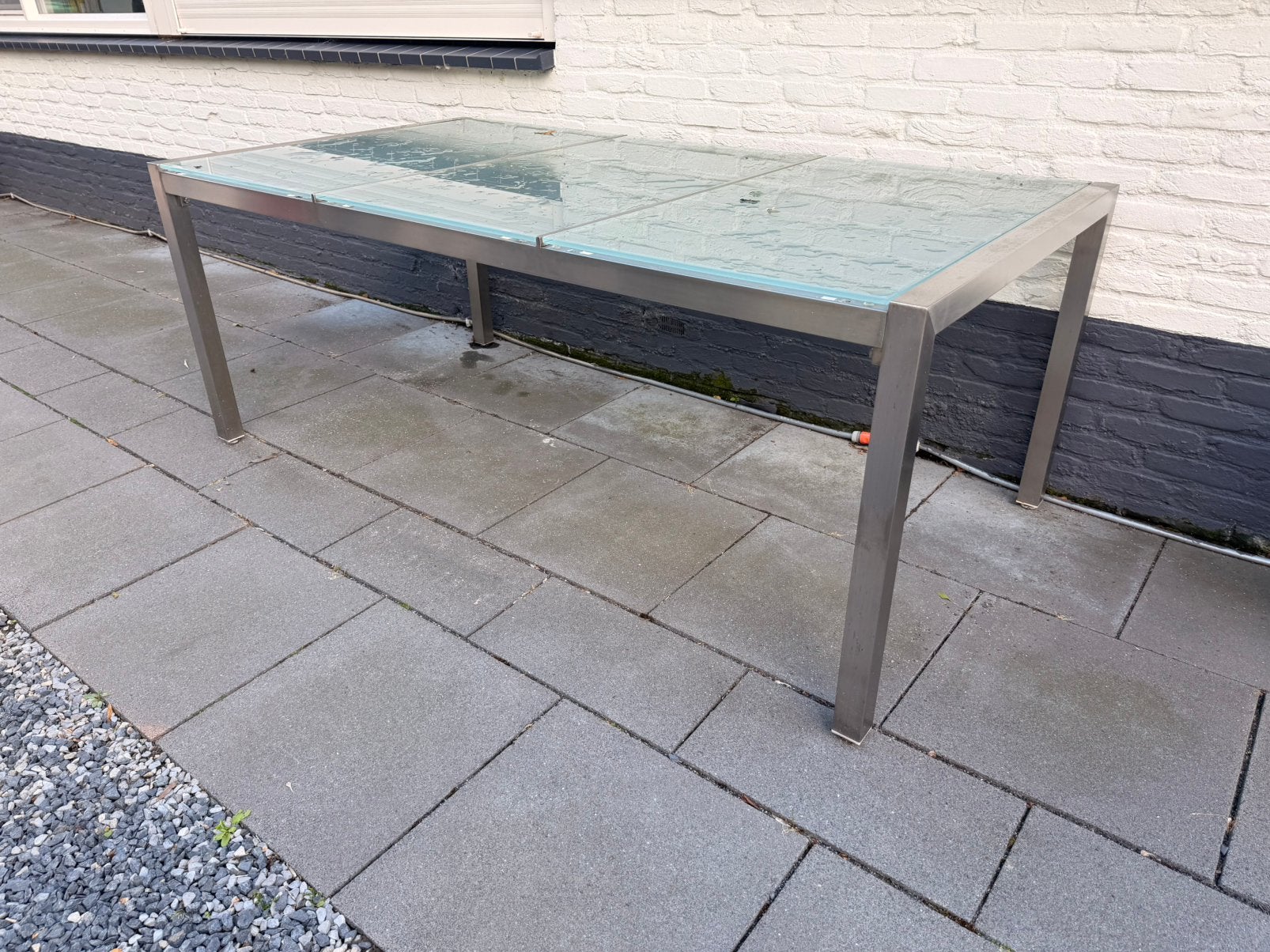 ZGAN Tuintafel | geborsteld RVS frame | 3 mat glazen bladen, Ophalen of Verzenden, Zo goed als nieuw, Rechthoekig, Rvs