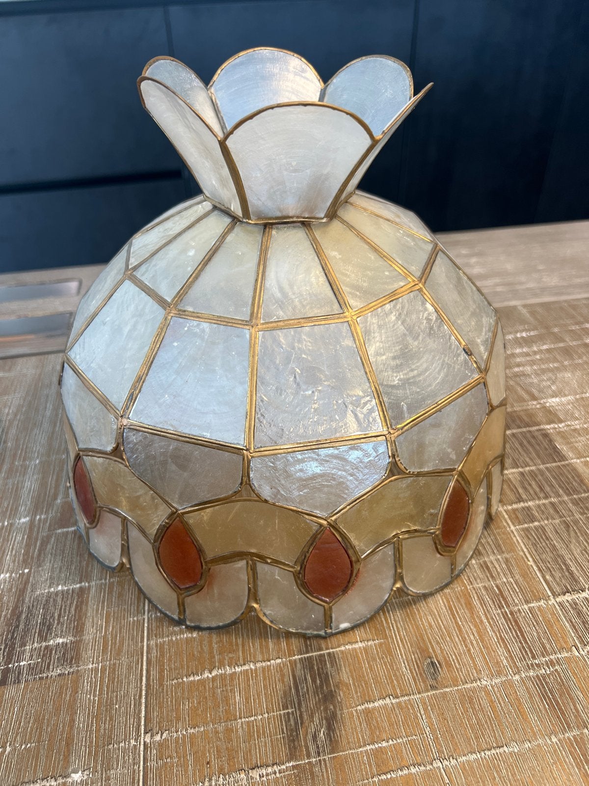 Vintage schelpen glas in lood lampenkap - Art Deco stijl, Gebruikt, 25 tot 50 cm, Wit, Ophalen of Verzenden