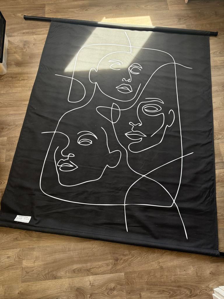 Wandkleed verticaal met abstracte gezichten - Zwart/Wit, Ophalen, Zwart, Zo goed als nieuw, Met ophangsysteem