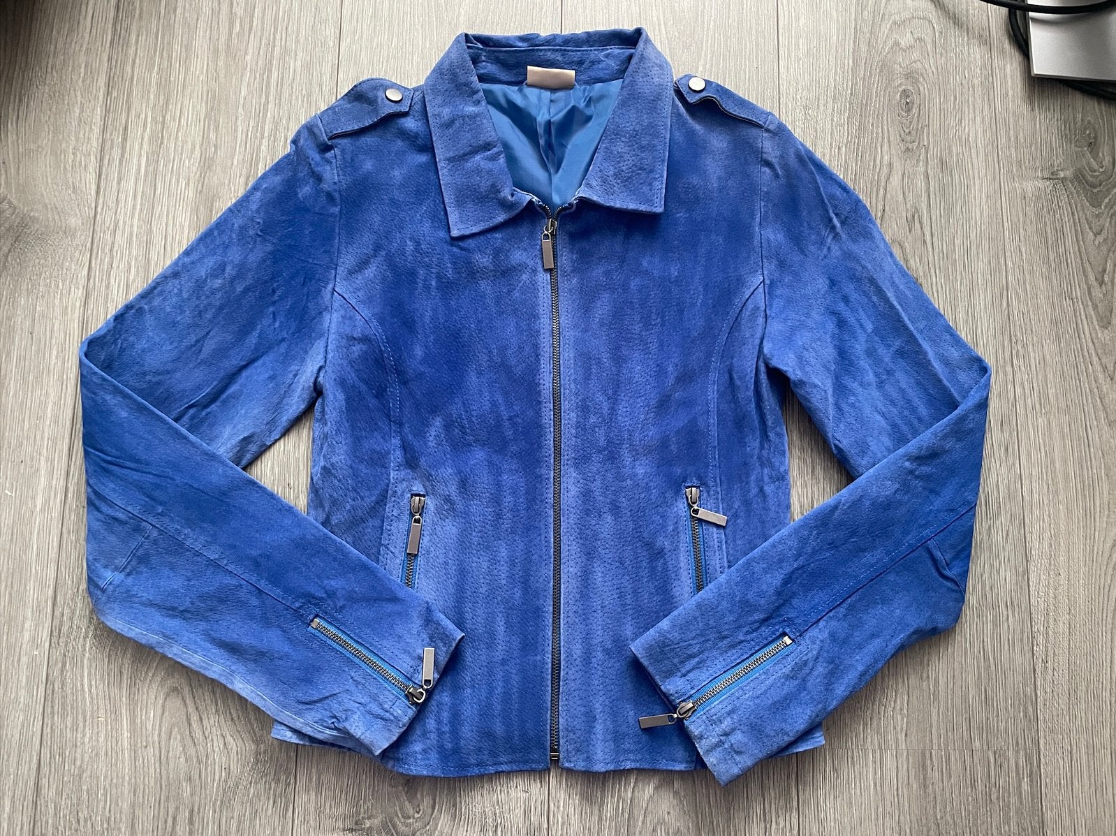 Dames blauw echt leren blazer jack jas mt s / 36, Ophalen of Verzenden, Zo goed als nieuw, Maat 36 (S), Blauw