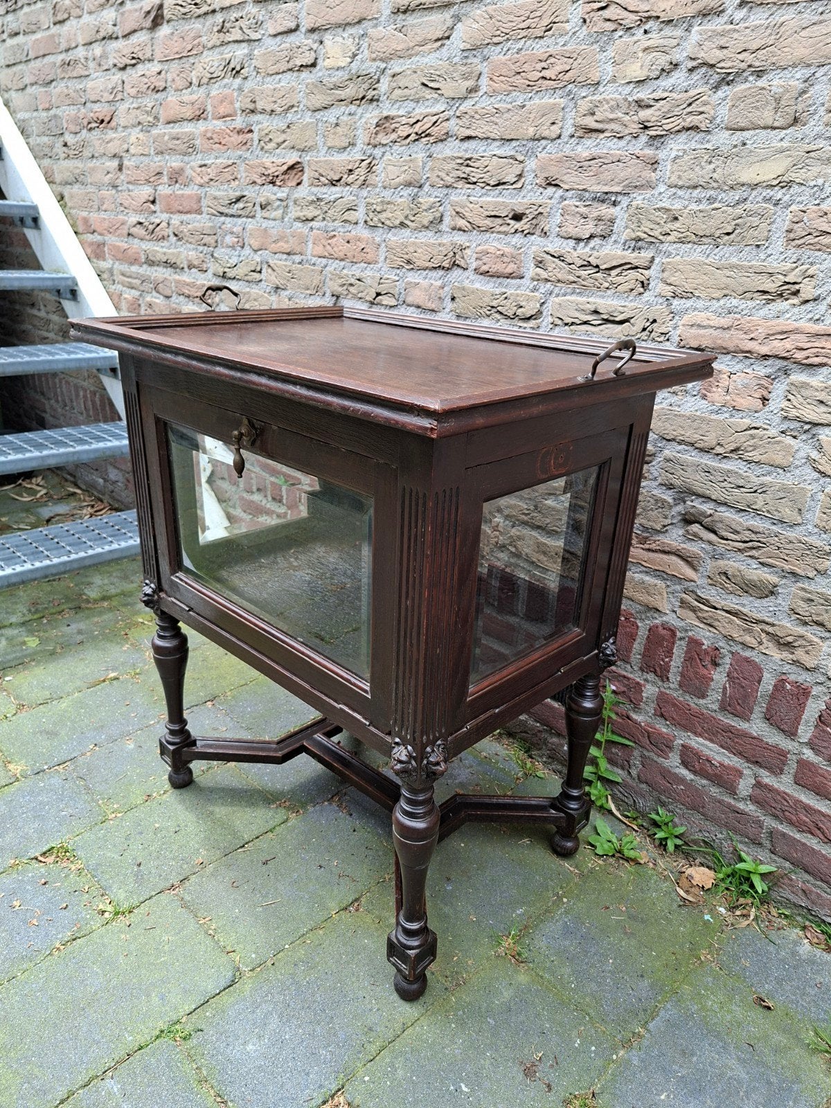 Antiek theekastje Engels dienblad klep eikenhout vintage, Ophalen