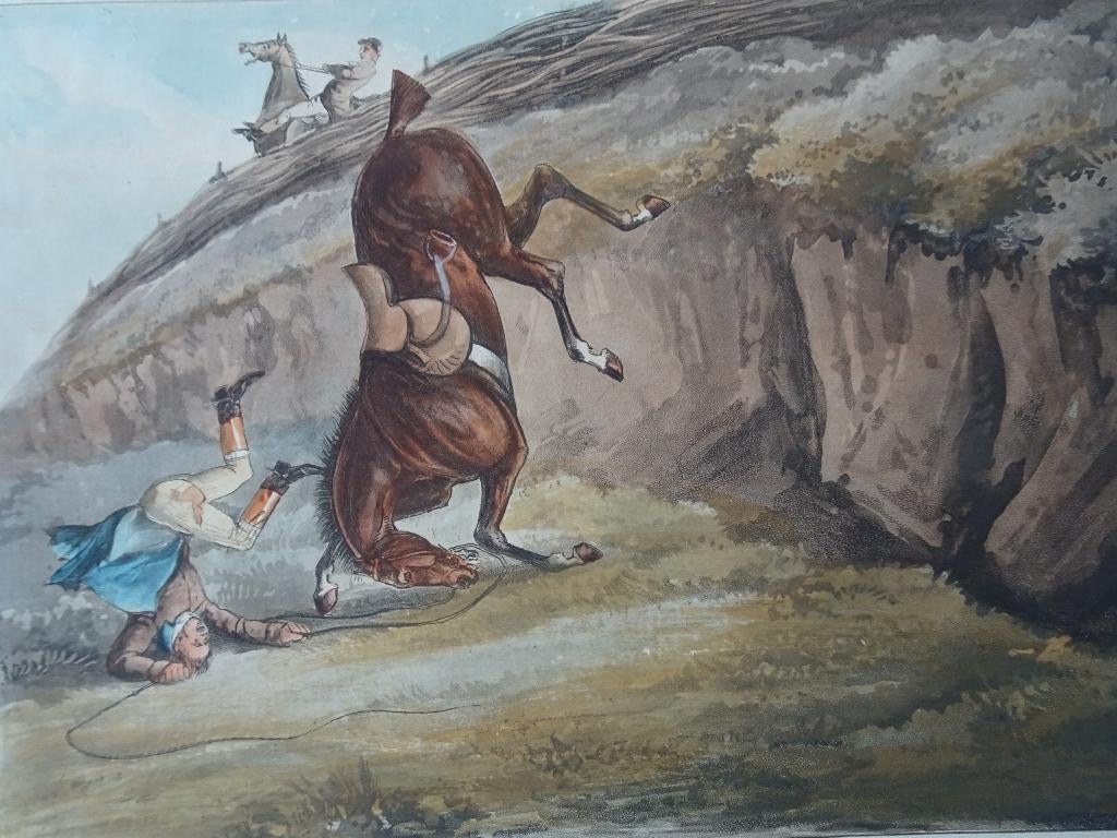 Kleurenlitho vallend paard en ruiter, Henry Alken 1818, Antiek en Kunst, Verzenden