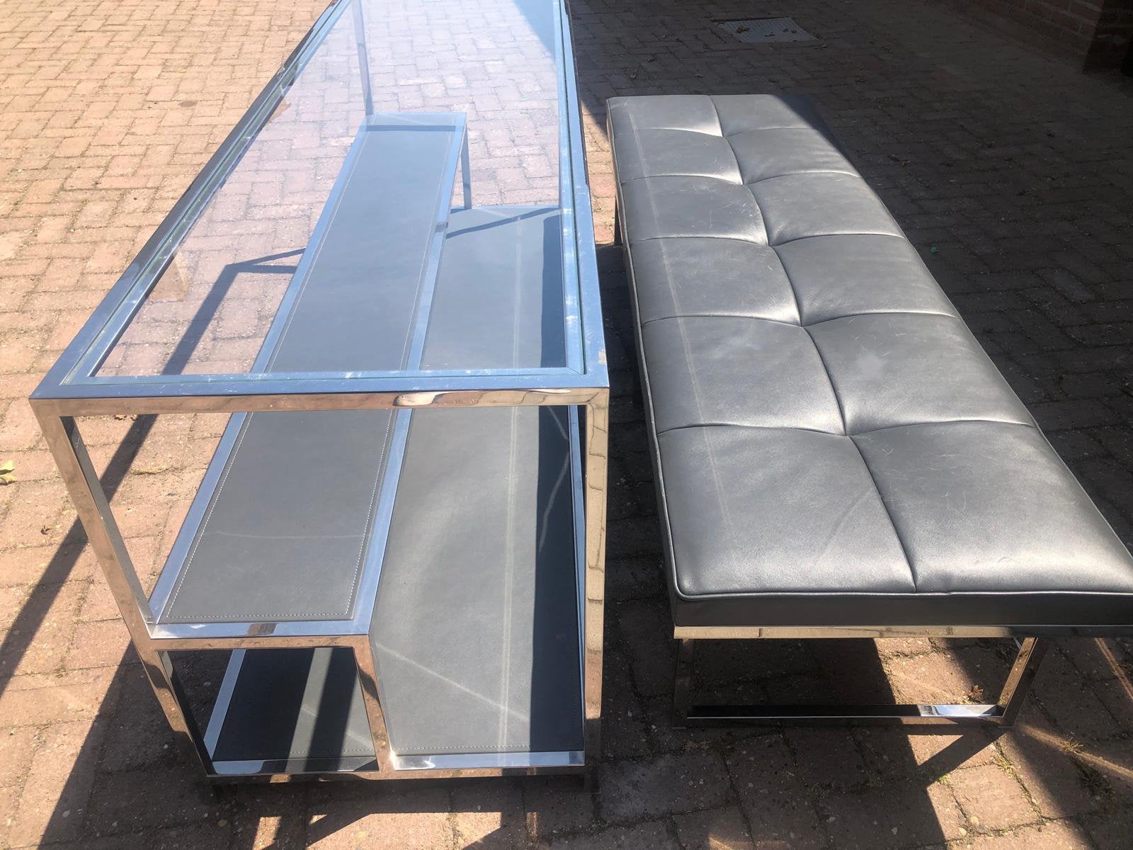 PHILIPP PLEIN design sidetable + lederen bank RVS, Huis en Inrichting, Tafels | Sidetables, Ophalen, 200 cm of meer, Glas, Zo goed als nieuw