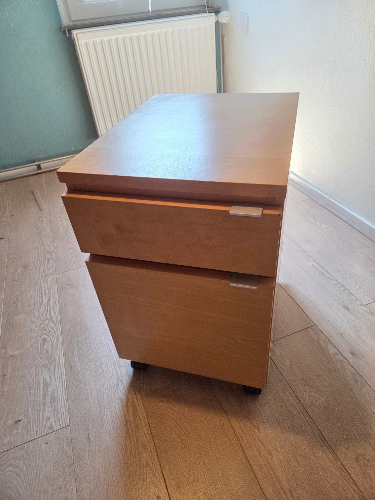 Houten ladeblok op wielen met 2 laden, Huis en Inrichting, Ophalen, Minder dan 50 cm, Gebruikt, 1 of 2 laden