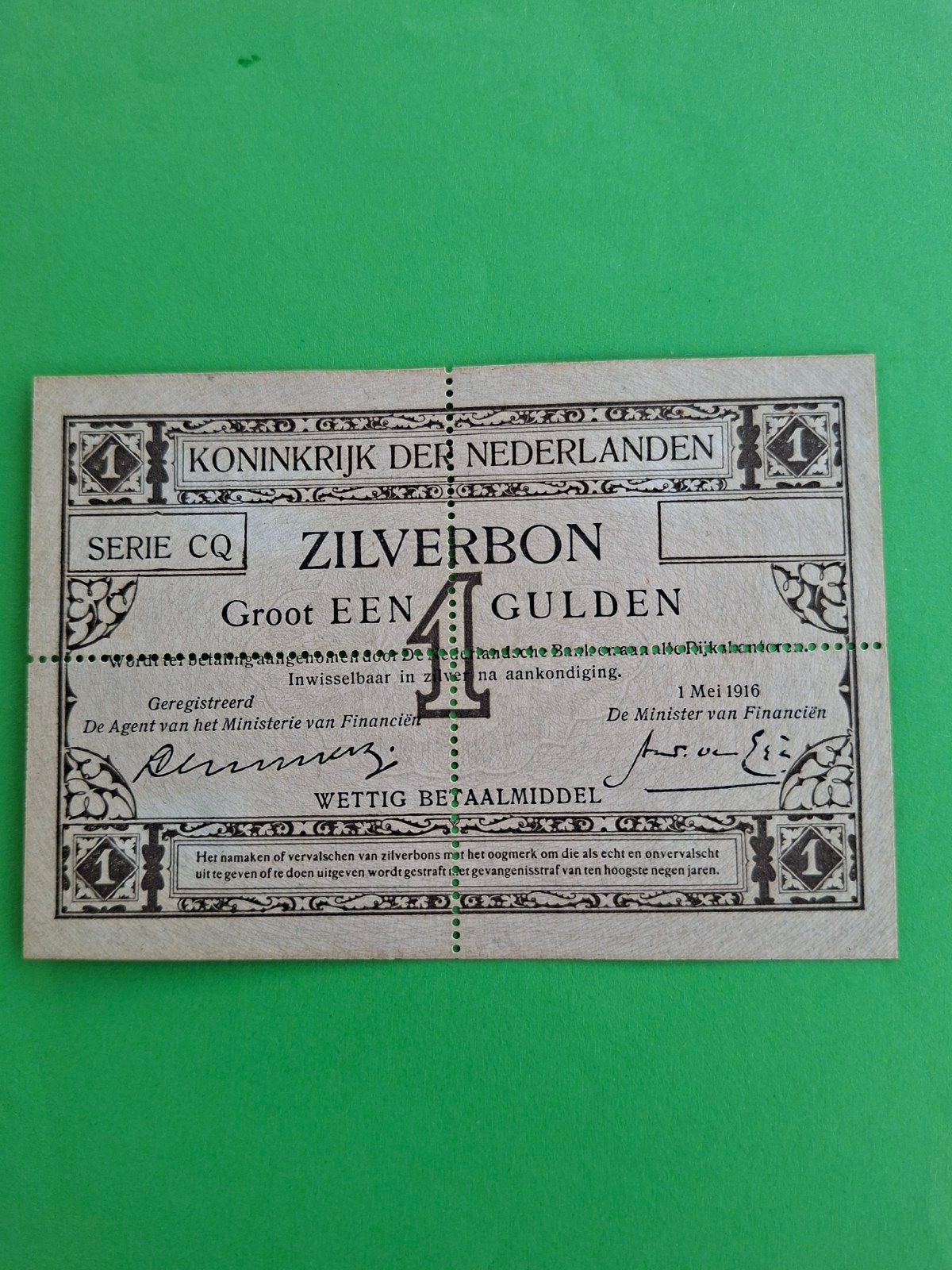 1 gulden Zilverbon proof uit 1916 in ZF
PL2.p1.d2
Catalogusw, Ophalen of Verzenden, 1 gulden, Los biljet