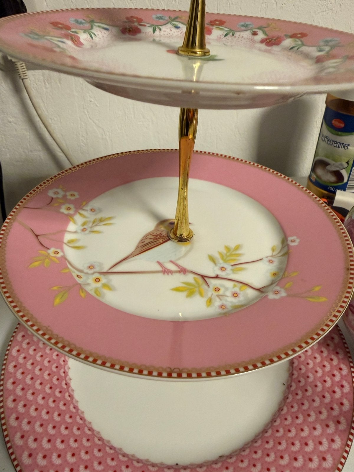 Pip Studio etagère 3-laags, roze met bloemen en vogels, Ophalen, Zo goed als nieuw, Modern, Porselein