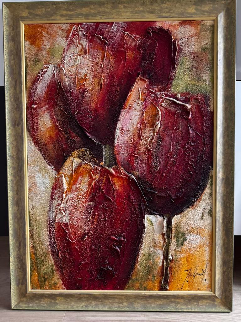 Jochem de Graaf - 83x114 Abstr. bloemen met reliëf en lijst, Antiek en Kunst, Kunst | Schilderijen | Modern, Ophalen