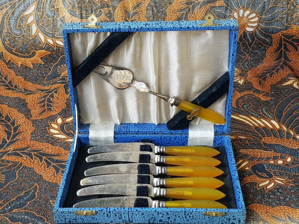 7 delig Art Deco silverplate vleesbestek uit Engeland in box