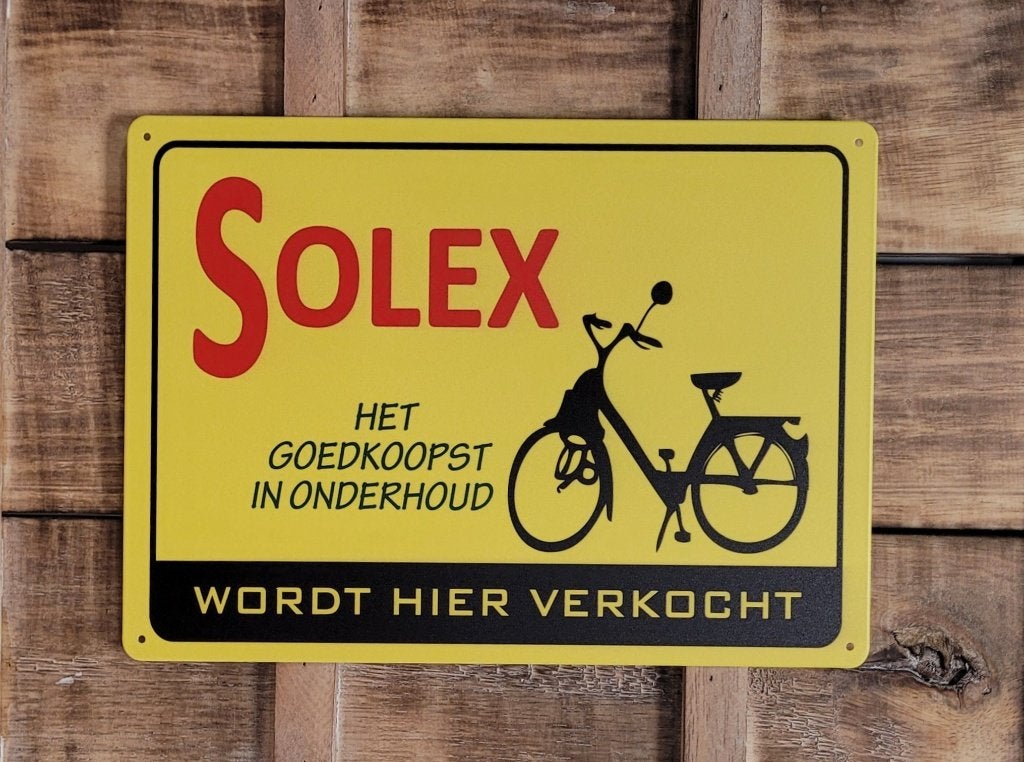 Solex wordt hier verkocht reclamebord van metaal wandbord, Info@deconoord.nl, Deco Noord, Nieuw, Ophalen of Verzenden