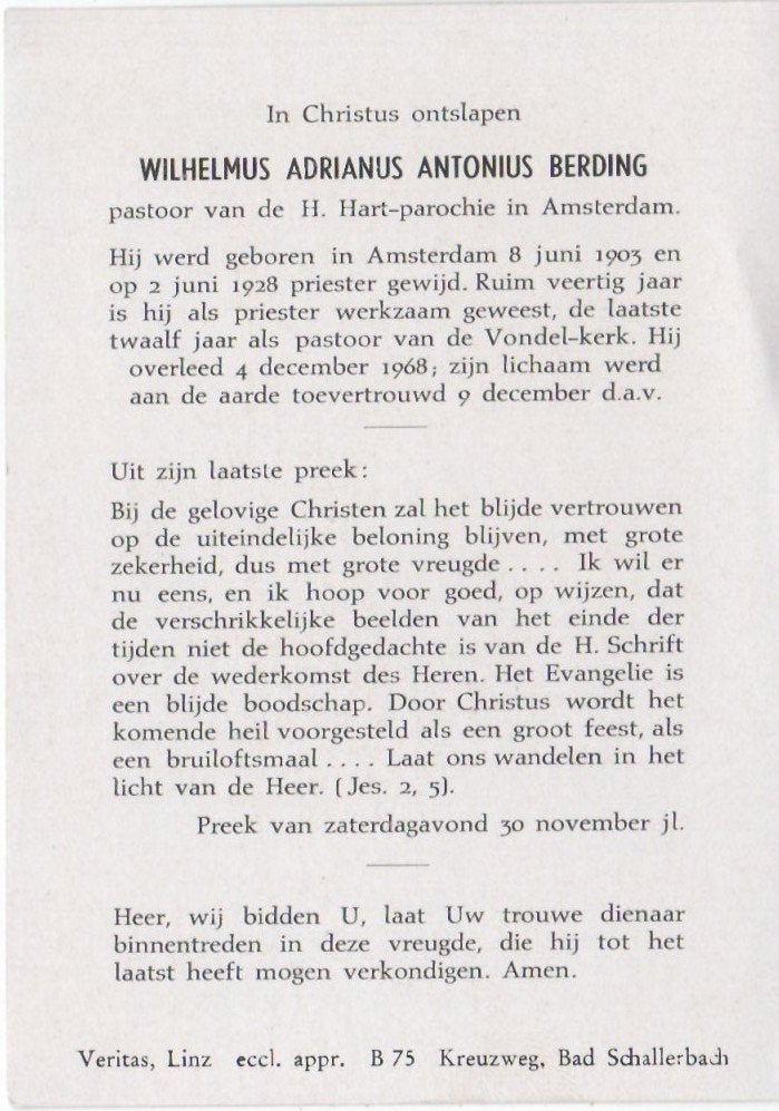 pastoor Wilhelmus Berding 1905 Amsterdam + 1968 Amsterdam, Ophalen of Verzenden
