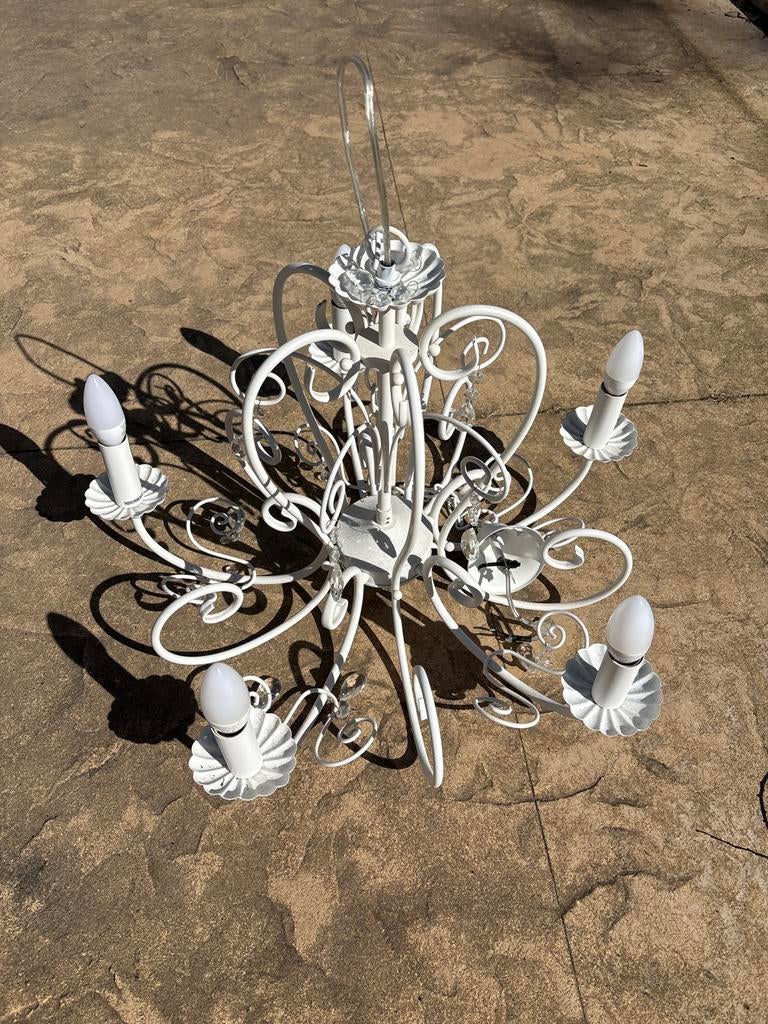 Elegante Witte Kroonluchter met 5 Lichtpunten, Ophalen, Gebruikt, Metaal